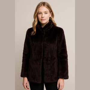 Vintage 70s Brown Maroon Genuine Rabbit Fur Red Lined Hip Length Coat Jacket XS